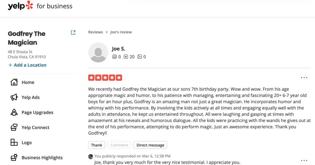 Review from Joe S on Yelp praising Godfreys performance at their sons 7th birthday party